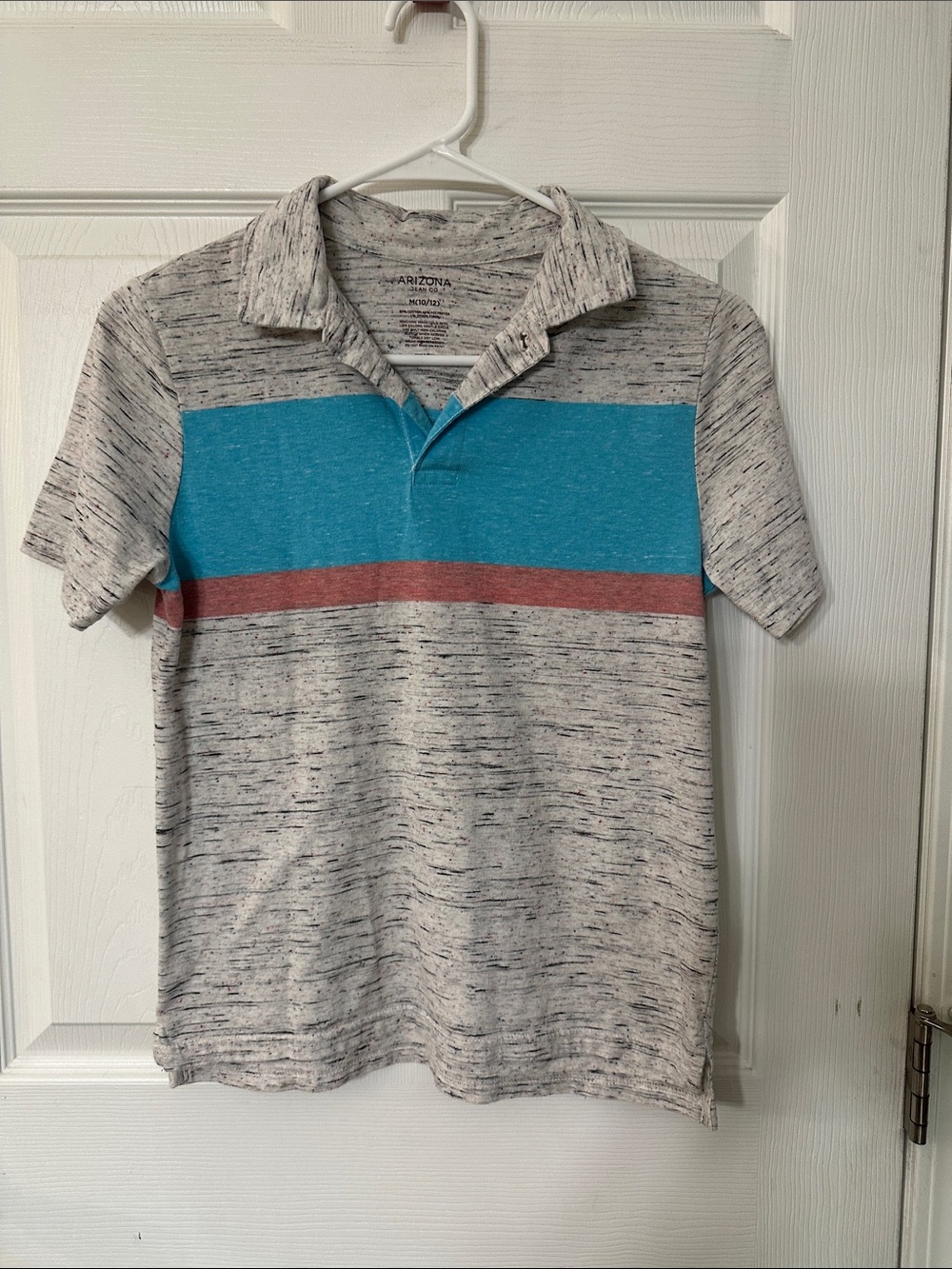 Arizona Jean Company Heathered Gray Polo with Teal and Rust Stripe